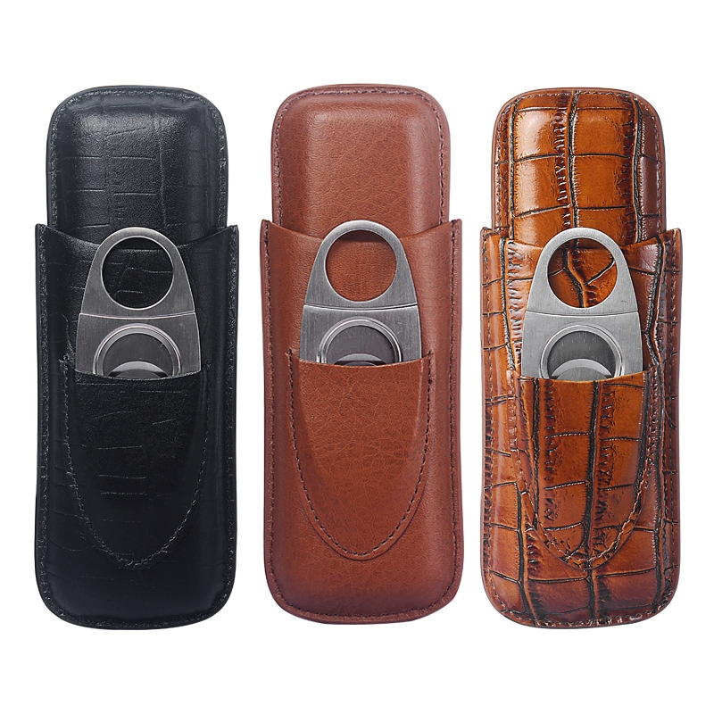 Premium Cigar Case - 휴대용 2개용 가죽 시가 케이스, 은색