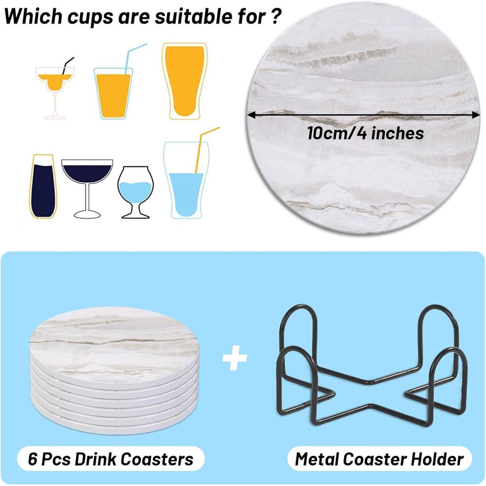 6피스 흡수성 컵받침 세트, 대리석 스타일, 다양한 컵 - Marble Coaster Set 리뷰 및 가격