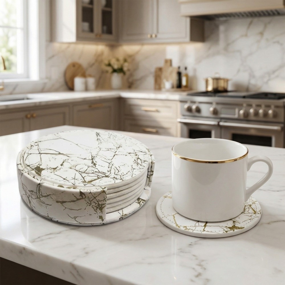 7Pcs 코스터 세트 PU 가죽 코스터 라운드 대리석  - Marble Coaster Set 리뷰 및 가격